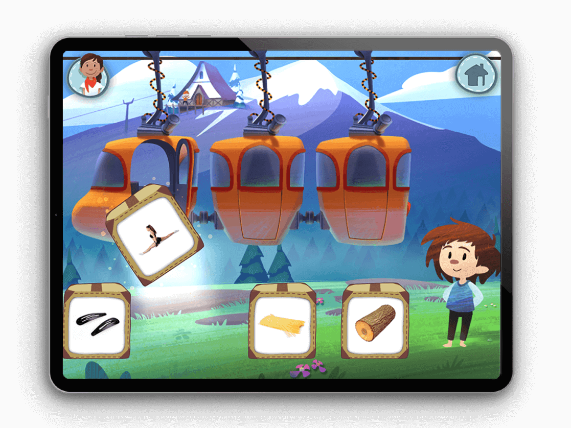 Tablet mit kostenlose Logopädie-App für Kinder mit Artikulationsstörung mit dem Übungsmodul "Seilbahn"